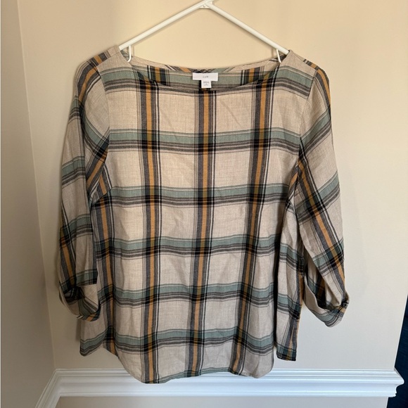 J. Jill Women’s Size Small Petite Plaid Beige Scoop Neck Short Sleeve 3/4 Sleeve - Picture 2 of 5